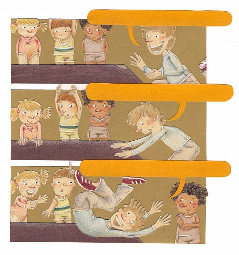 ‘Kleutergym’; Binnenwerkillustratie in Taalboek D1 voor de methode ‘Taal in beeld’, jaargroep 7 | Uitgeverij Zwijsen, 2007