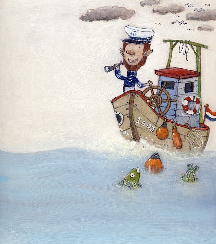 ‘Jan de zeeman’; Paginagrote binnenwerkillustratie in Leesboek 1 M4 voor de methode ‘Leesparade’, groep 4 │ Uitgeverij Delubas, 2011