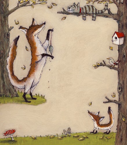‘Kat en Vos’; Paginagrote binnenwerkillustratie in Leesboek 2 E4 voor de methode ‘Leesparade’, groep 4 │ Uitgeverij Delubas, 2011