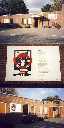 ‘Gevelpaneel basisschool’; Illustratie bij het gedicht ‘Alleen’ van Leonie Kooiker uit de gedichtenbundel ‘Wat praat je?’, Uitgeverij De Inktvis | Locatie: Christelijke basisschool Het Kristal te Dordrecht, gekoppeld aan scholenbezoek in Kinderboekenweek 2008