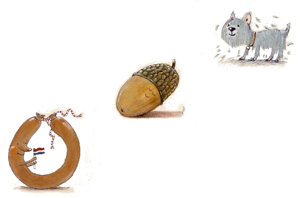 ‘Worstje, eikeltje, hondje’; Binnenwerkillustraties in resp. Werkboek 1a - Blok 1 - M4 en Werkboek 2b - Blok 7 - E4 voor de methode ‘Leesparade’, groep 4 │ Uitgeverij Delubas, 2011